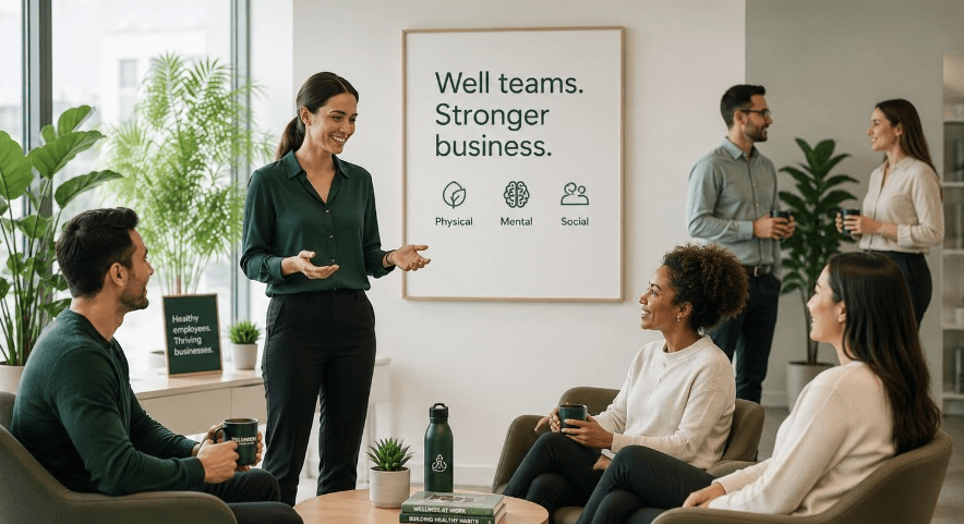Corporate wellness team discussion in a modern office